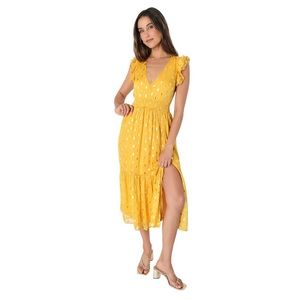Lulus Yellow Gold Dot Tiered Ruffled Midi Dress Size‎ L